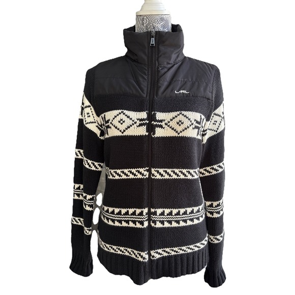 L-RL Lauren Active Ralph Lauren Fair Isle Shacket Black White Mock Neck Size M - Picture 1 of 14
